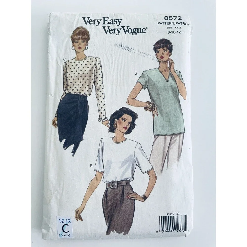 Vintage 90s Very Easy VOGUE 8572 Blouse Tops V-Neck SEWING PATTERN Sz 8-12 CUT
